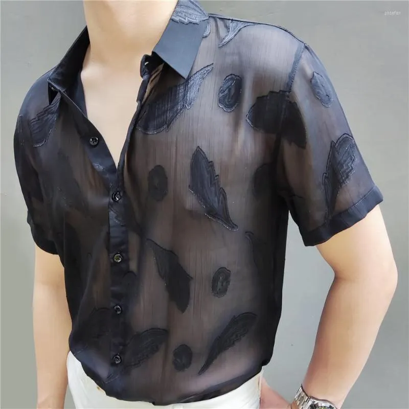 Men's Casual Shirts Sexy Transparent Shirt Men Black Summer Short Sleeve Slimfeather Leaves Pattern Club Party Chemise Homme Camicia Uomo