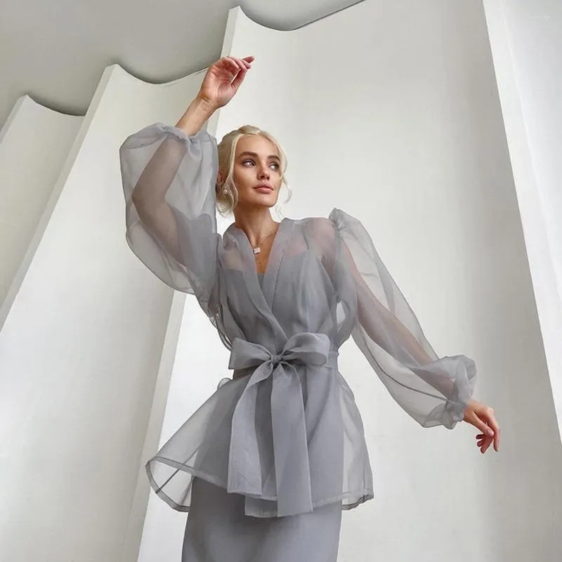 Kvinnors blusar Elegant elegant skjorta fast färgbubbla långärmad v-ringning sommar 2023 sexig transparent spets