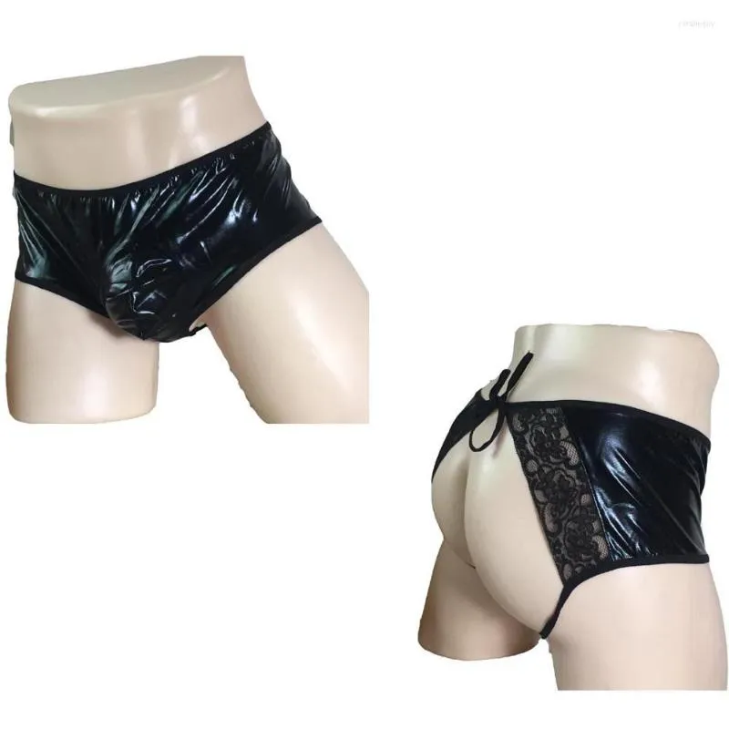 Unterhosen Männer Sissy Open BuWet Look Kurze Shorts mit Ausbuchtungsbeutel und Spitzenbesatz Erotische männliche Unterwäsche Dessous