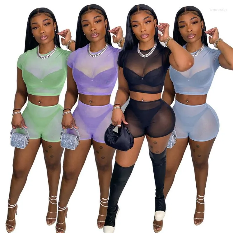 Kvinnors träningsdräkter Sexiga 2 stycken Set kvinnor transparent kort ärm Bodycon Crop Tops Shorts 2023 Summer Women's Suits Party Clubwear