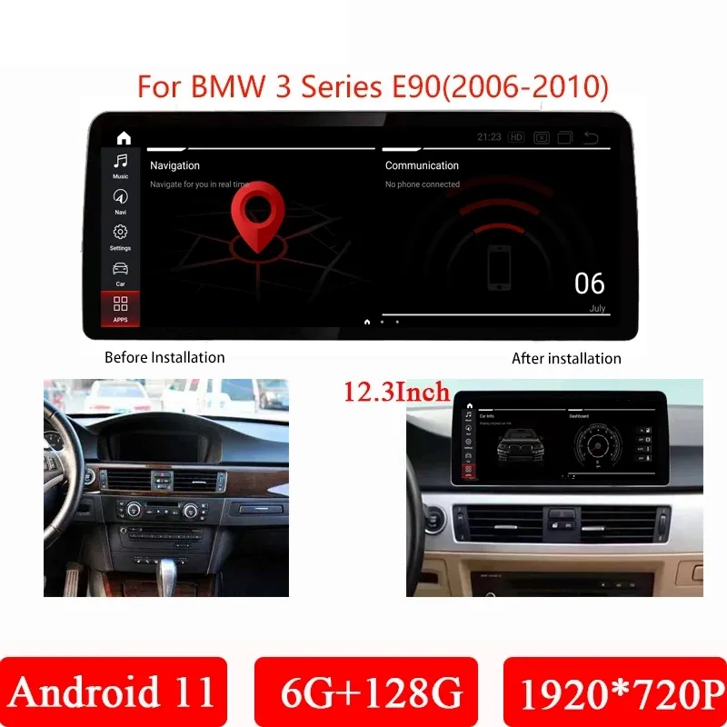 12,3 '' Android 11 Radio Multimedia Player 6G+128g GPS Navegação, 4G, CarPlay para BMW E90/E91 (2006-2010) CCC/CIC