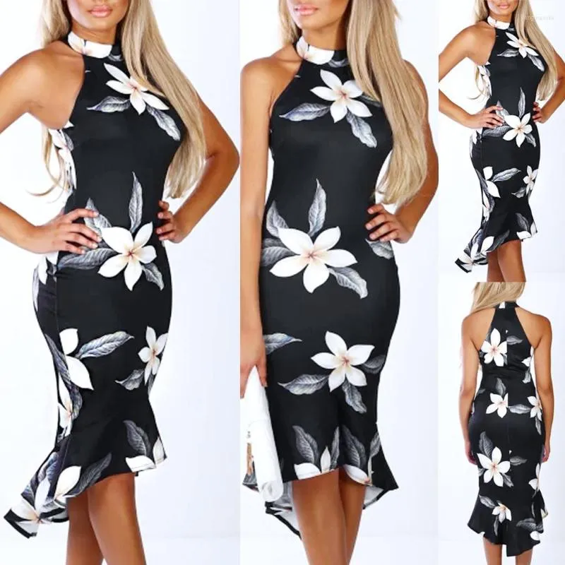 Повседневные платья Dip Bodycon Shouder Women Shift Dress Fashion Randeveless Floral Print Летняя круглая длина колена шеи