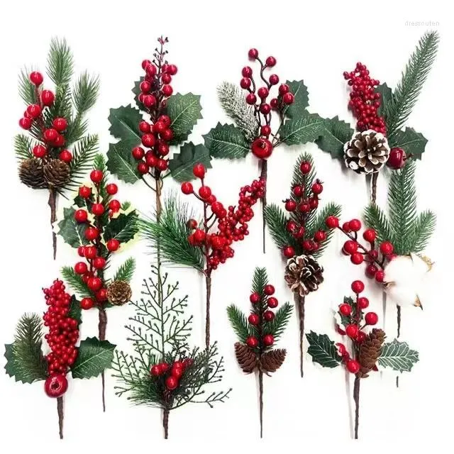 Fleurs décoratives 1 pc Artificielle Noël Branche De Baies Rouges Flocon De Neige Pin Aiguille Cône Branches Pour Noël DIY Guirlande Fourniture Noel Decoratons