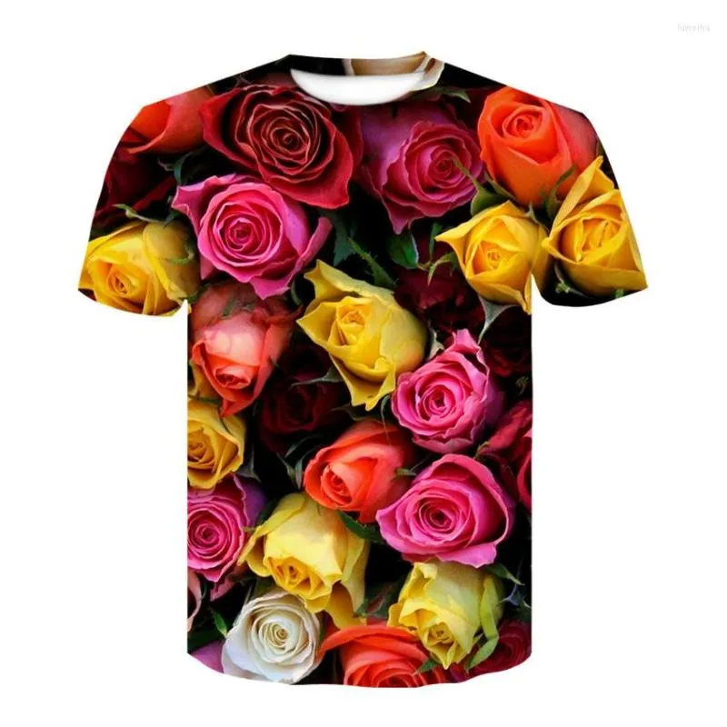 Camisetas masculinas 2023 3d Impressão digital Camiseta casual Rose Pattern Crewneck feminino LONE