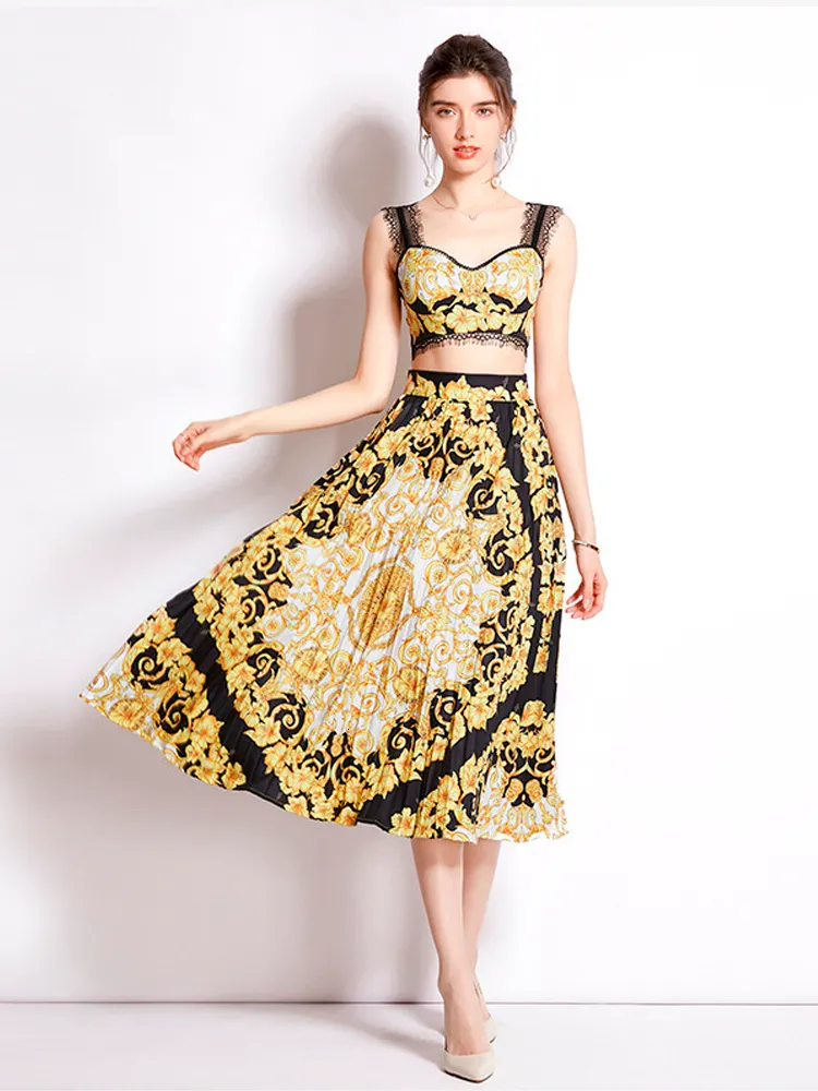 Pleated gold lace skirt discount