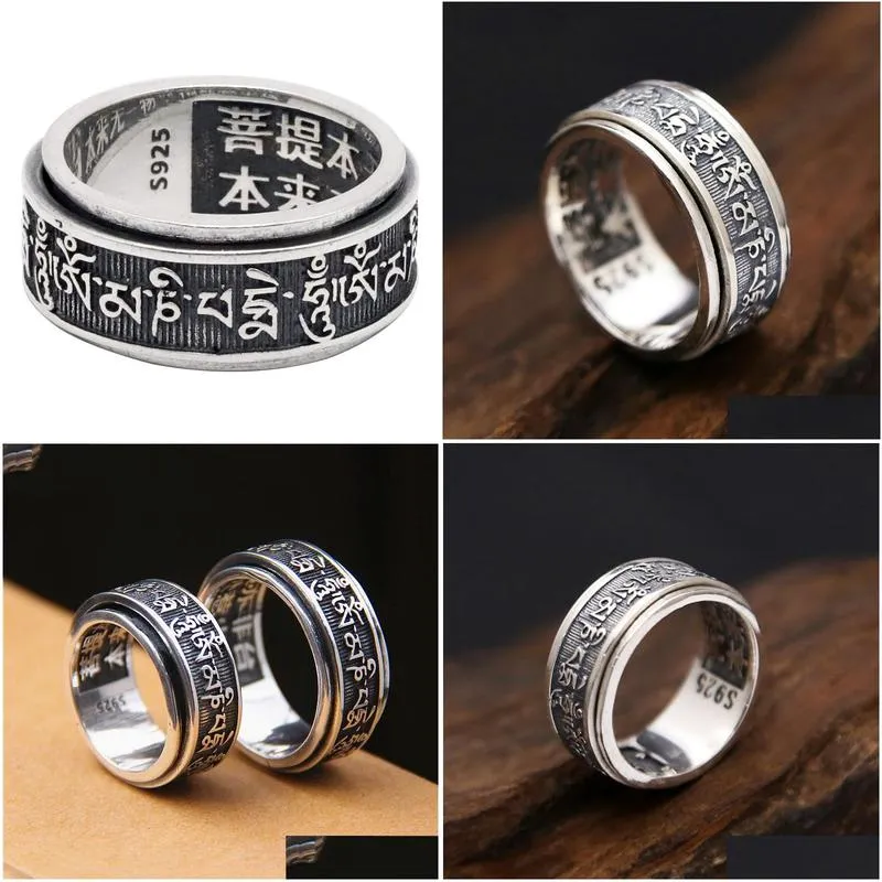 thailand silver real 925 sterling ring men tibetan buddhist heart sutra rotate ring fine jewelry vintage dragon