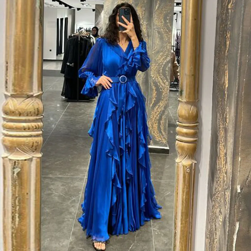 Vestidos de festa azul real aline aline tlema piso de manga com cinto de pescoço de pescoço profundo Vestidos de casamento de chiffon 2023 230515