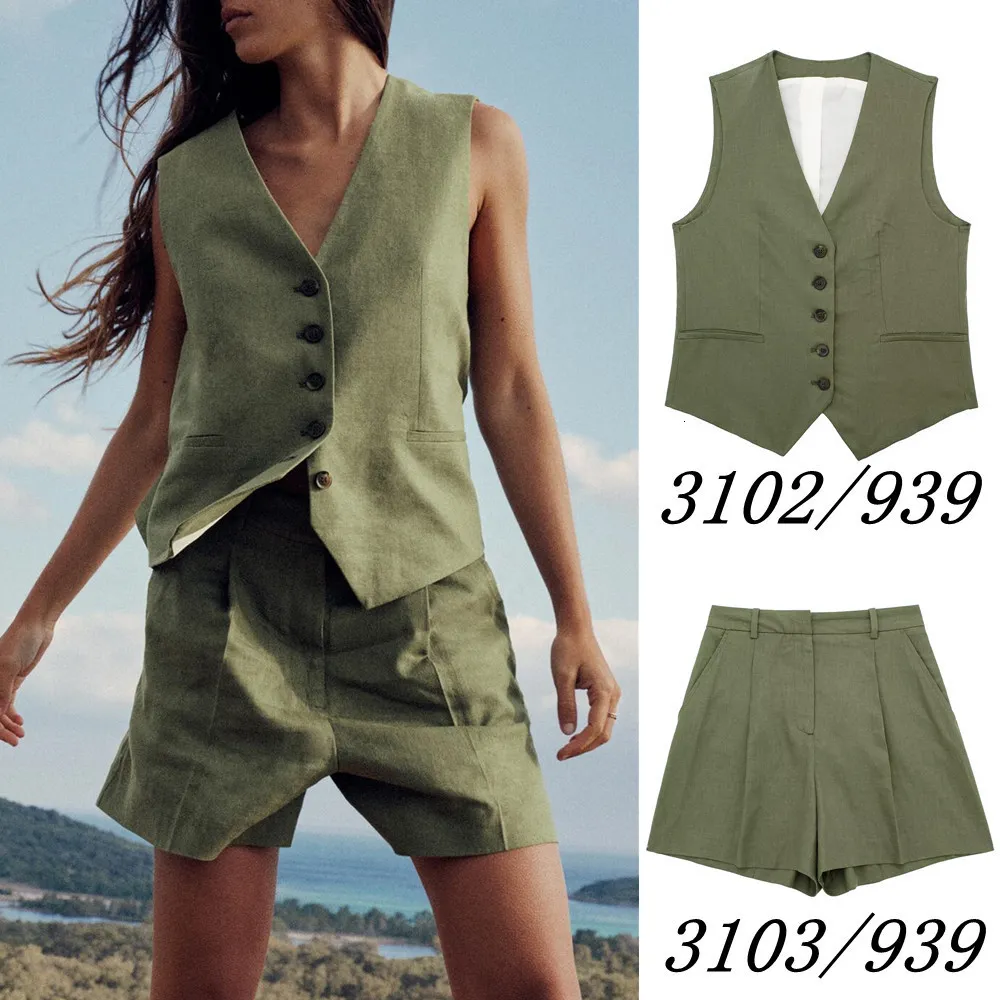 Womens Two Piece Pants UNIZERA Spring Clothing Solid Color Linen Blended Custom Vest Basic Casual High Waist Shorts Twopiece Set 3102939 230516