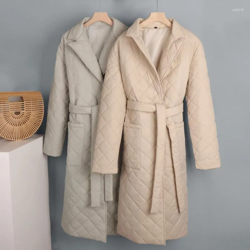 Trenchs pour femmes Long Down Coat Femmes Veste d'hiver Parka surdimensionnée Ceintures Poches Col tailleur Casual Femme Manches Vêtements d'extérieur