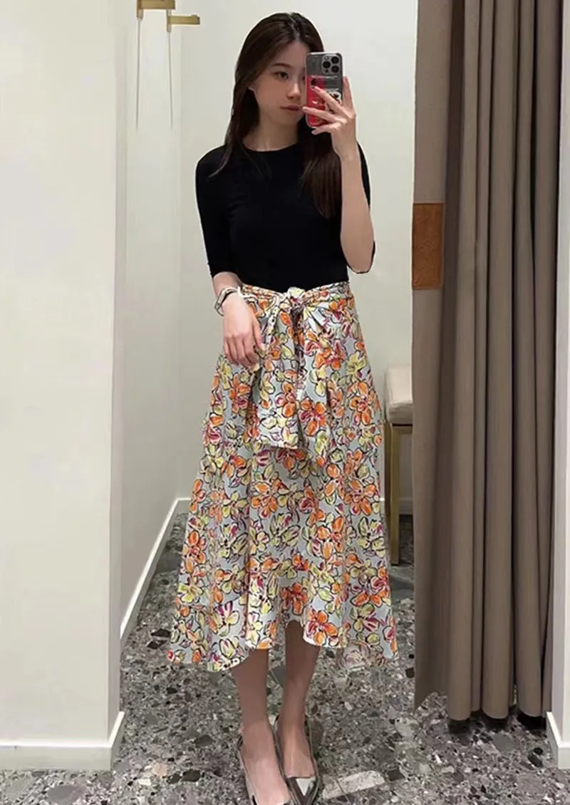 floral two piece midi dress Vintage yellow white floral striped two piece midi dress blouse set
