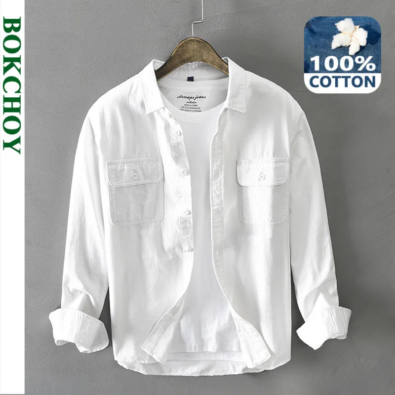 Mens Casual Shirts Autumn Winter Men White Long Sleeve Shirt Pure Cotton Retro Style Button Up Pocket Workwear GAZ102 230516