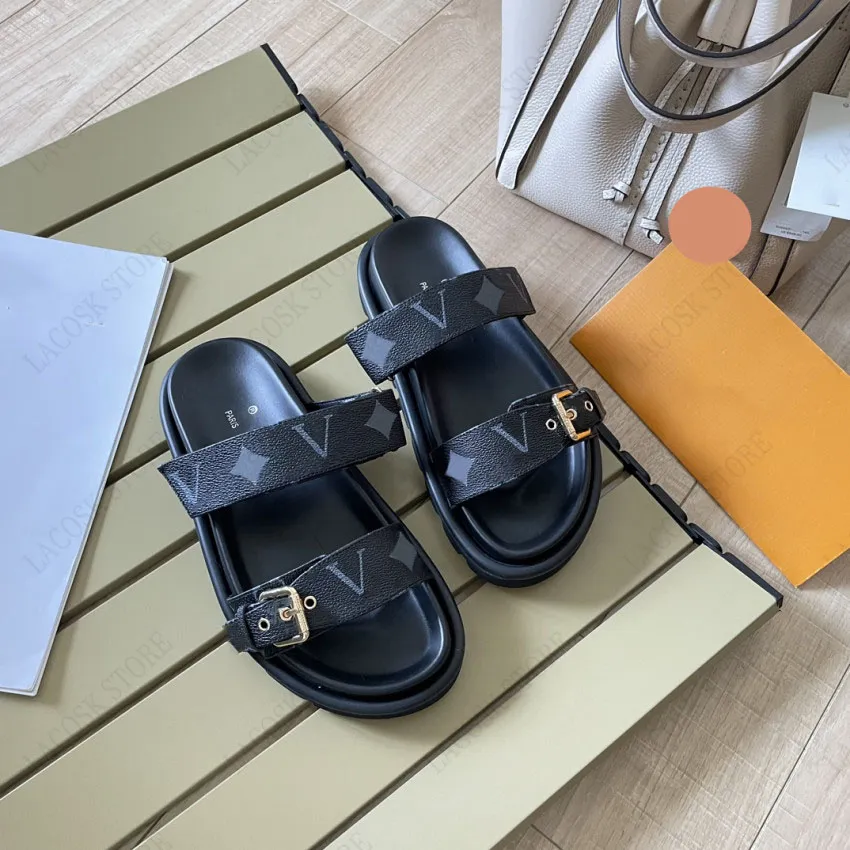 Classic Designer Shoe Woman Slipper Genuine Leather Beach Letter Buckle Loafers Adjustable Upper Width Lovers Shoes with Box 35-42