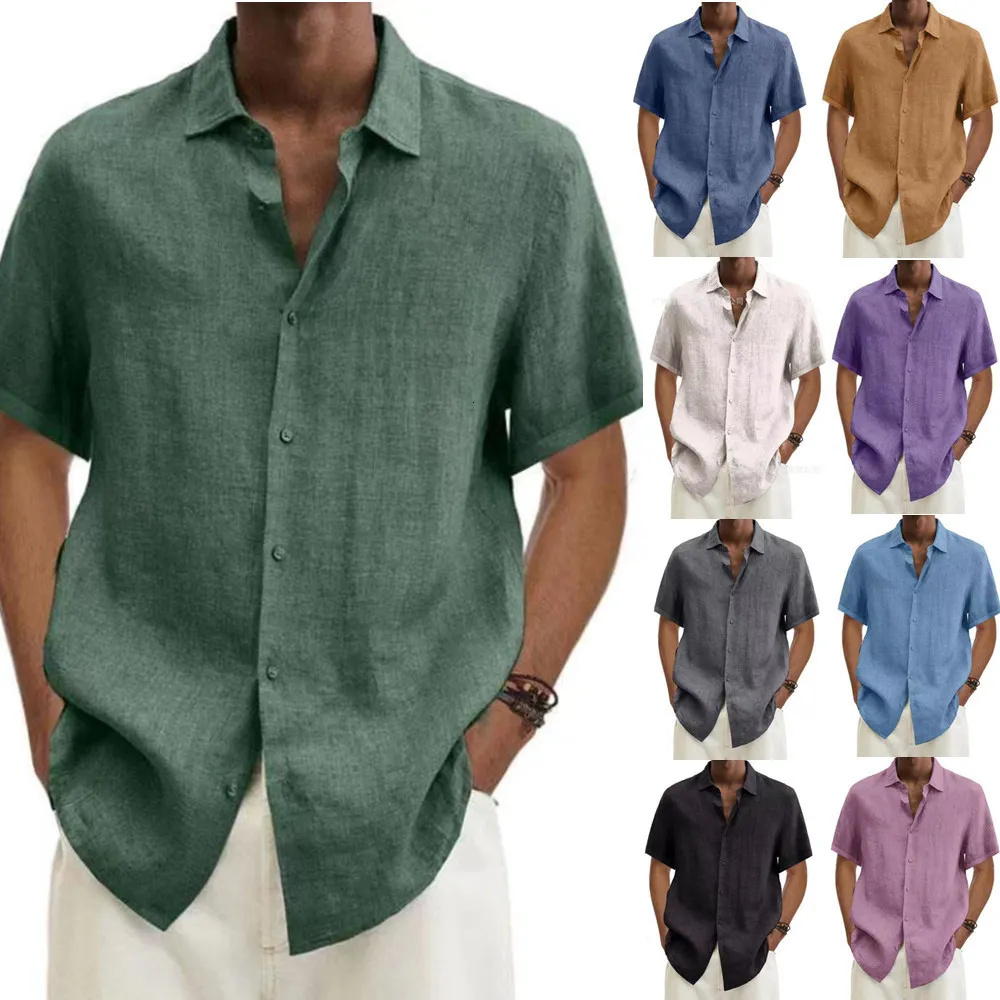 Erkek Girmiş Gömlekler Pamuk Keten Bluz Yaz Erkekler Yatak Kısa Kollu Düğme Gevşek Üstler Büyük Boy S5XL SZEST22092 230516