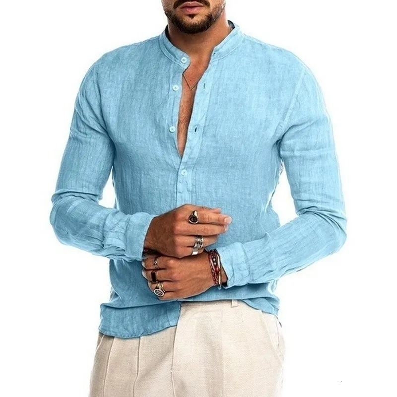 Mens Casual Shirts Shirt Long Sleeve Cotton Linen Loose Solid Color Fashion V Neck Blouse Spring Summer Handsome Tops 230516