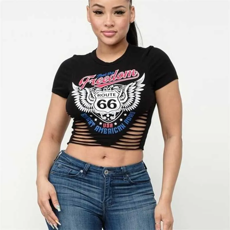 Kadın Giyim Tasarımcısı Tshirt Top 2023 Yaz Yuvarlak Boyun Açık Gömbilik Ladies Gömlek Çok Sıkı Sıkı ve Delikli Kısa Kollu Tee