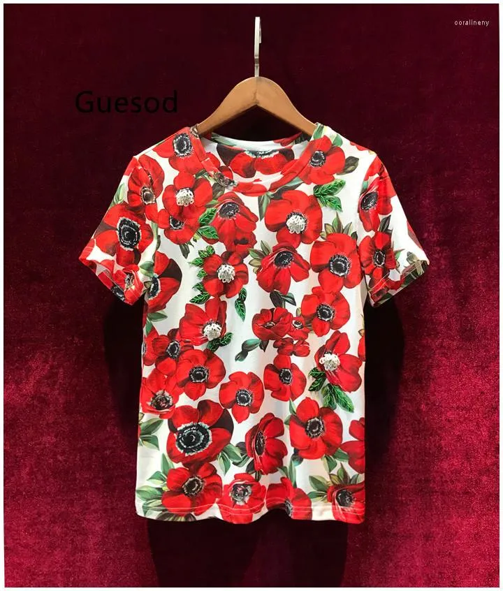 Женские футболки с guesod women europe europe Vintage Print Distermade Diamding Designer Элегантный футболка с коротким рукавом высокого качества женская футболка 2023