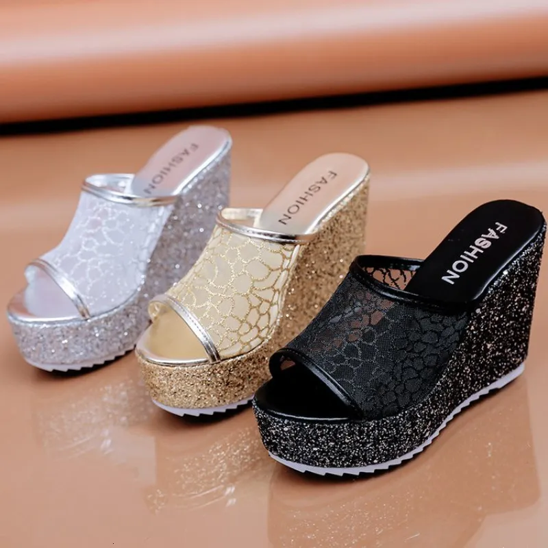 Sandals Bling Golden Women Slippers Summer Shoes Platform4cm Outside Fittingroom 11cm High Heels Wedges Solid Mesh Female Slides 230516