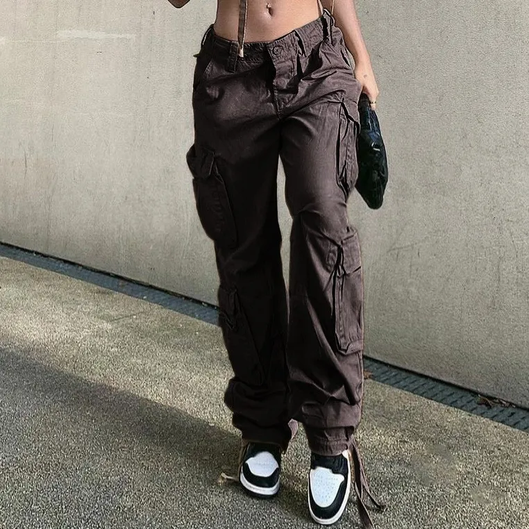 Vintage Grey Cargo Pants For Women Low Waist, Sporty Pockets, Wide