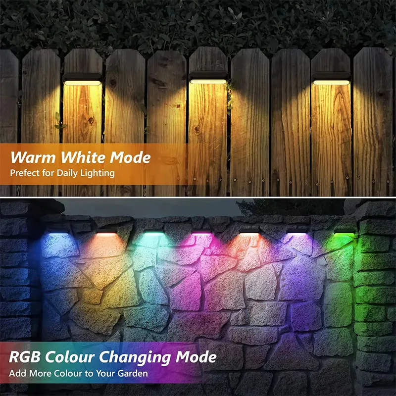 RGB Solar Wall Light Outdoor Waterproof Warm White Colorful Stairs Steps Yard Deck Decoration Solar Fence Light