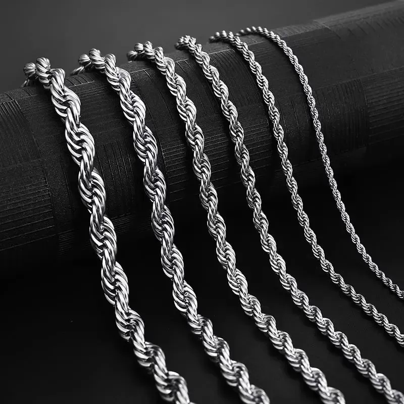 Colar de corrente de corda de aço inoxidável colar de gargantilha impermeabilizada homens mulheres torce jóias de hip hop 316l Silver Chains Gifts 18-24 polegadas