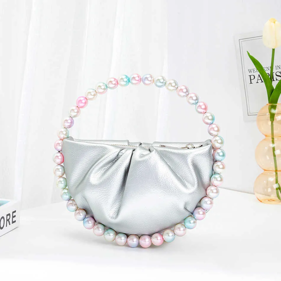 Totes Color Pearls Circular Fold Handväska Ny Elegant Designer Half Moon Round Handle Handle Clutch Purse Wedding Party 230509