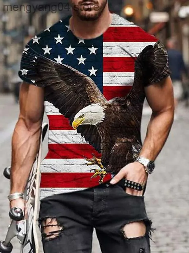 Camisetas para hombre Camiseta para hombre Águila gráfica Bandera estadounidense Día de la independencia Cuello redondo Impreso en 3D Manga corta para hombre T230517