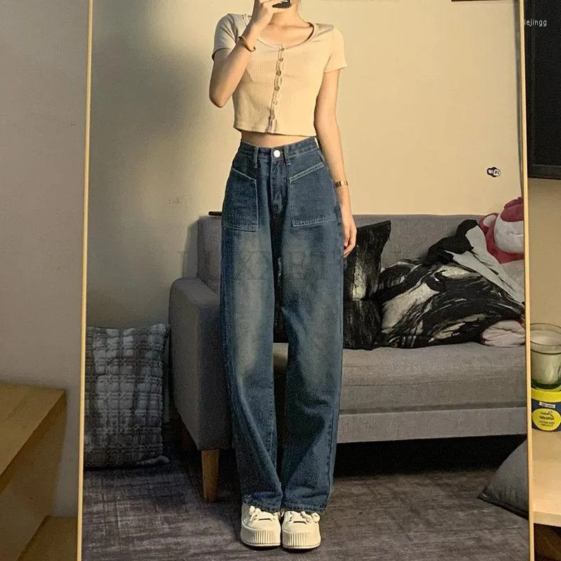 Damesbroek Harajuku Baggy Femme Jeans Dark Blue Brown High Taille 90s Dagelijkse broek Women Party Club recht wijd been