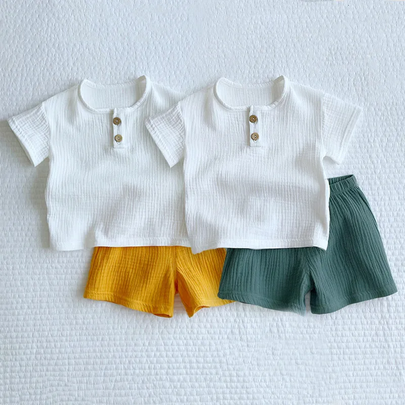 Pajamas Baju Bayi Laki Laki Perempuan Atasan Solid Katun Lembut Musim Panas Kaus Dan Celana Pendek Olahraga Baru Lahir Setelan 230516