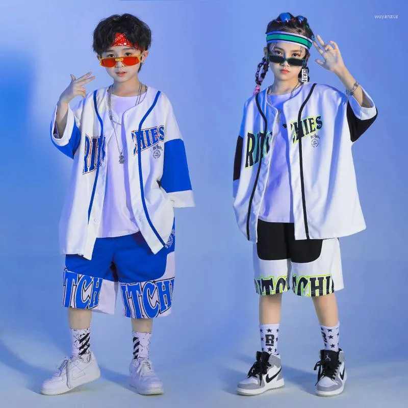 Stage Wear Kid Kpop Hip Hop Clothing Cardigan Baseball Shirt Short Sleeve Top Summer Shorts For Girl Boy Jazz Dance Costume Clothes Set