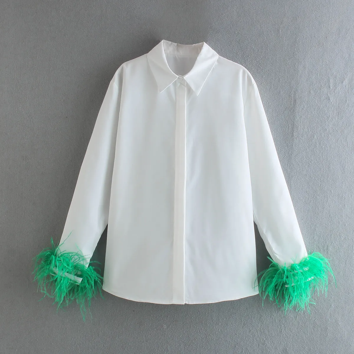 Women's Blouses Shirts Green Feathers on the Cuffs Womens Blouses Long Sleeves Women's Clothing White Elegant Female Blouses Tops Shirts for Women Top 230516