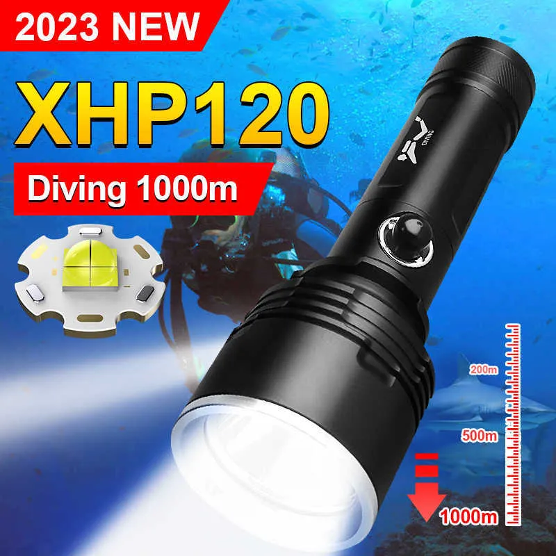 Flashlights Torches 2023 Super Bright XHP120 Diving Flashlight Underwater 1000m Torch Professional Diving Flashlight 4 Modes IPX8 Waterproof Lantern P230517