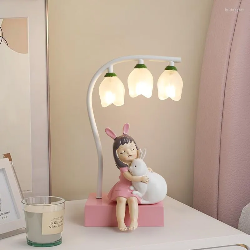 Table Lamps Girl For Children's Room Bedroom Flower Desk Lamp Bedside Led Night Light Pink Princess Stand Fixtures