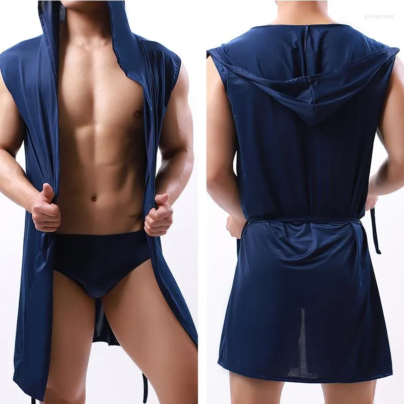 Men's Sleepwear Summer Dress Erotic Bath Robe Men Sexy Pajamas Slpwear Silk Pijama Hombre Hooded Bathrobe Nightgown Male Pyjamas Kimono