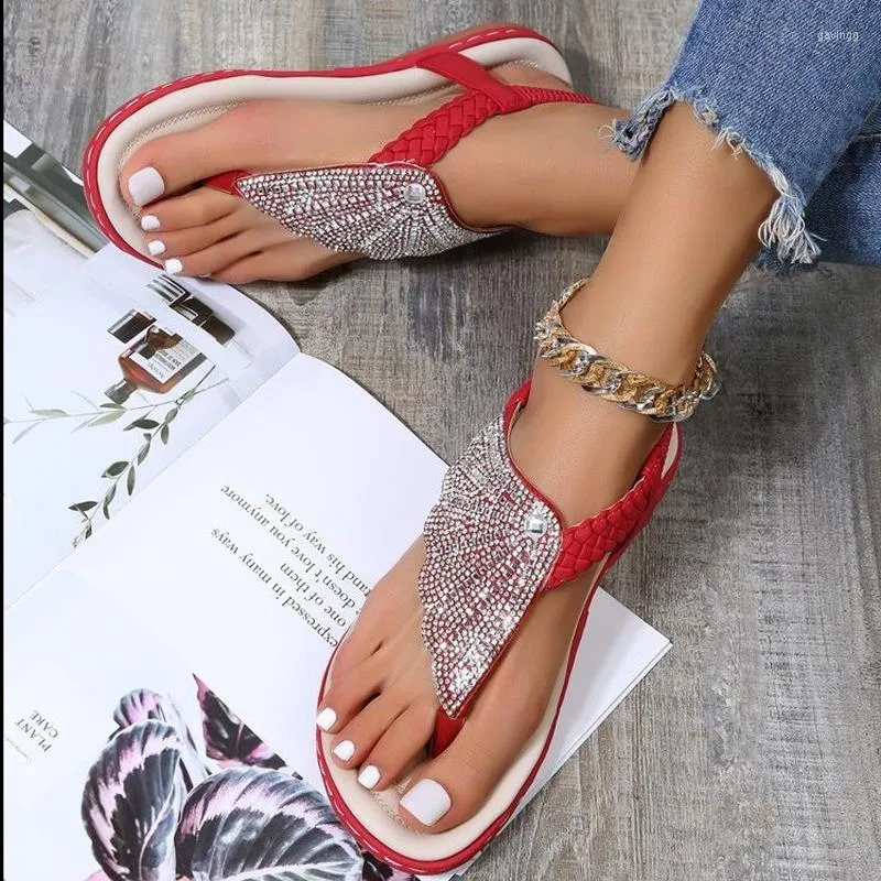 Sandales Style Bohème Femmes Casual Summer Beach Strass Décor Clip Toe Lady Flat Gladator Taille 35-43