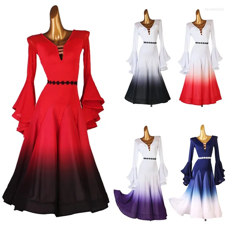 Stage Wear Women Latin Dance Dress Waltz Ballroom Competition Costume Gradient Lotus Sleeves Party Modern Dancing Dresses SL8436