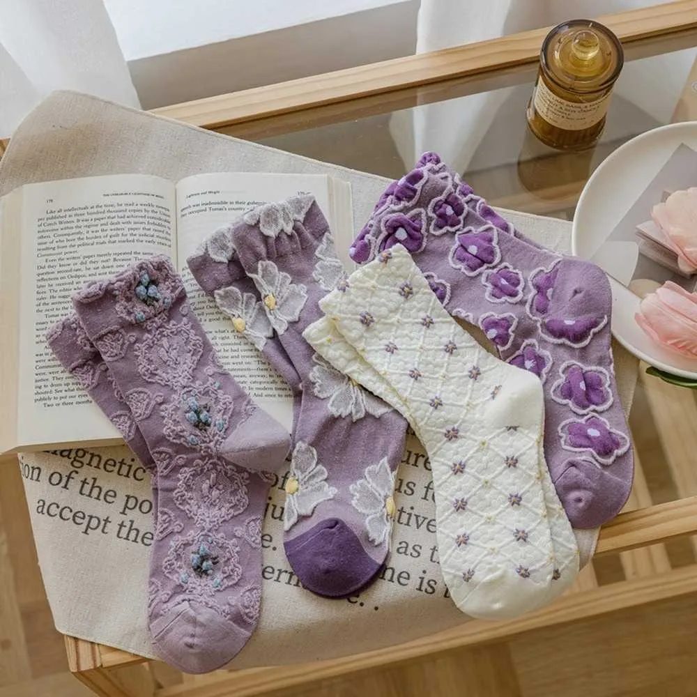 Socks Hosiery New 2023 purple women stockings style crew socks ethnic harajuku flower embroidered japanese fashion cute socks P230517