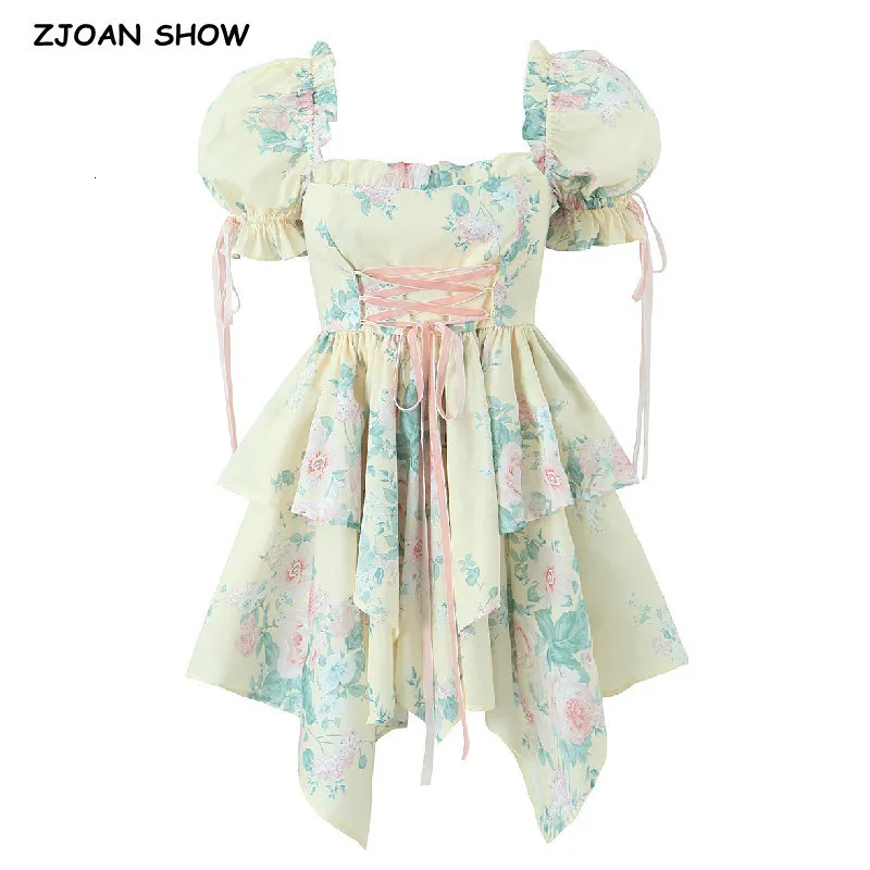 Casual Dresses Party Sweet Princess Cross Rope Bow Front Flower Print Irregular Ball Gown Dress Women Puff Sleeve Swing Mini Fairy Cake Robe 230517