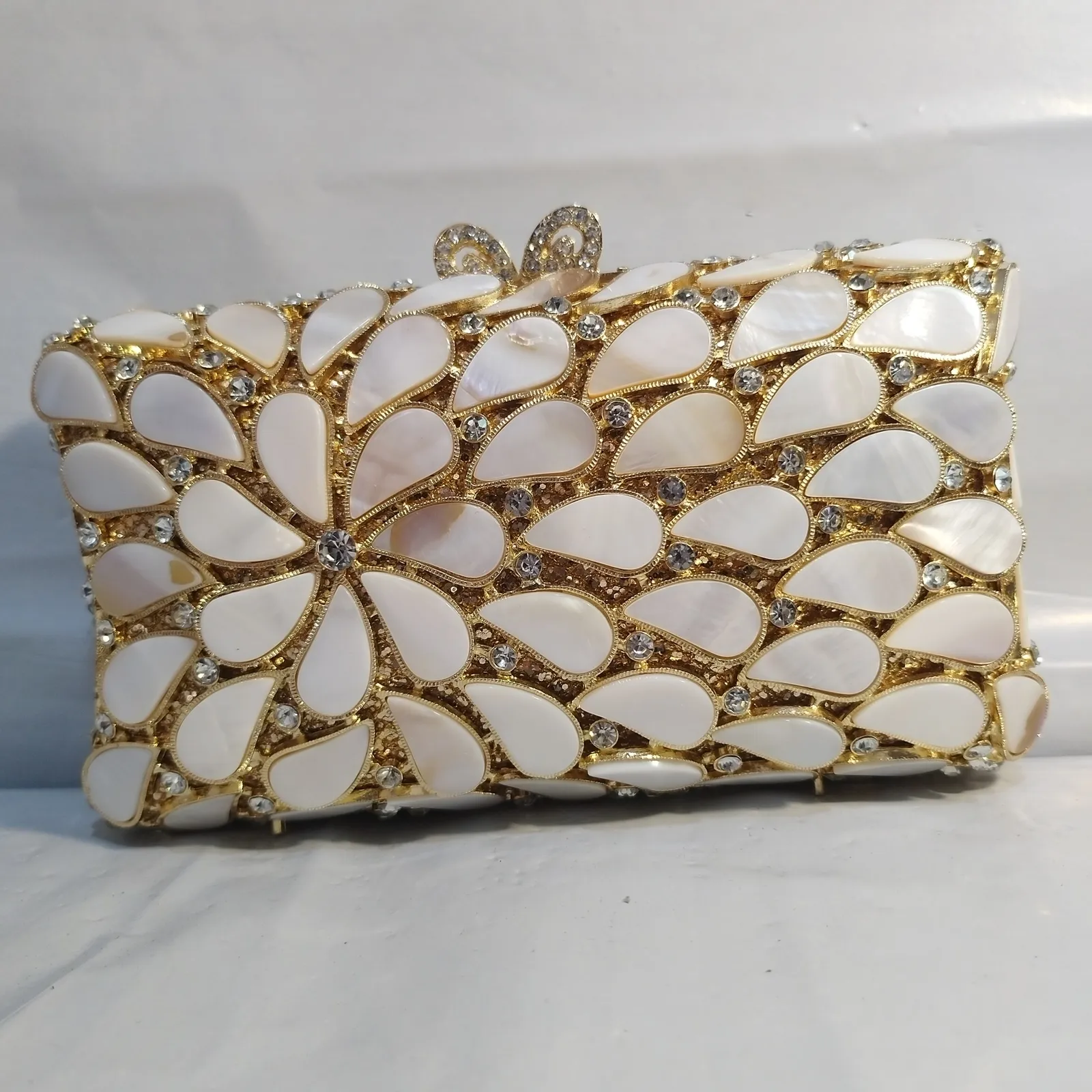 Gold/Silver Shell Evening Clutch Purse With Pink Stones For Women