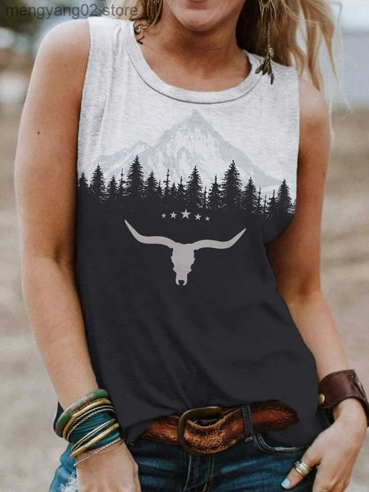 Damen Tanks Camis Western Country Tank Top Frauen Steer Skull Mountain Tree Star Ärmelloses Shirt Sommer Kausal Lustiges Grafik-T-Shirt Vintage Cowgirl T230517