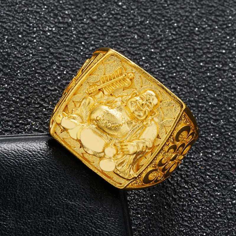 Anneaux de bande Plaqué or véritable Bouddha Maitreya Haute Imitation Bague en or 24 carats Homme Imitation 999 Or pur Bouddha riant Anneau ouvert J230517