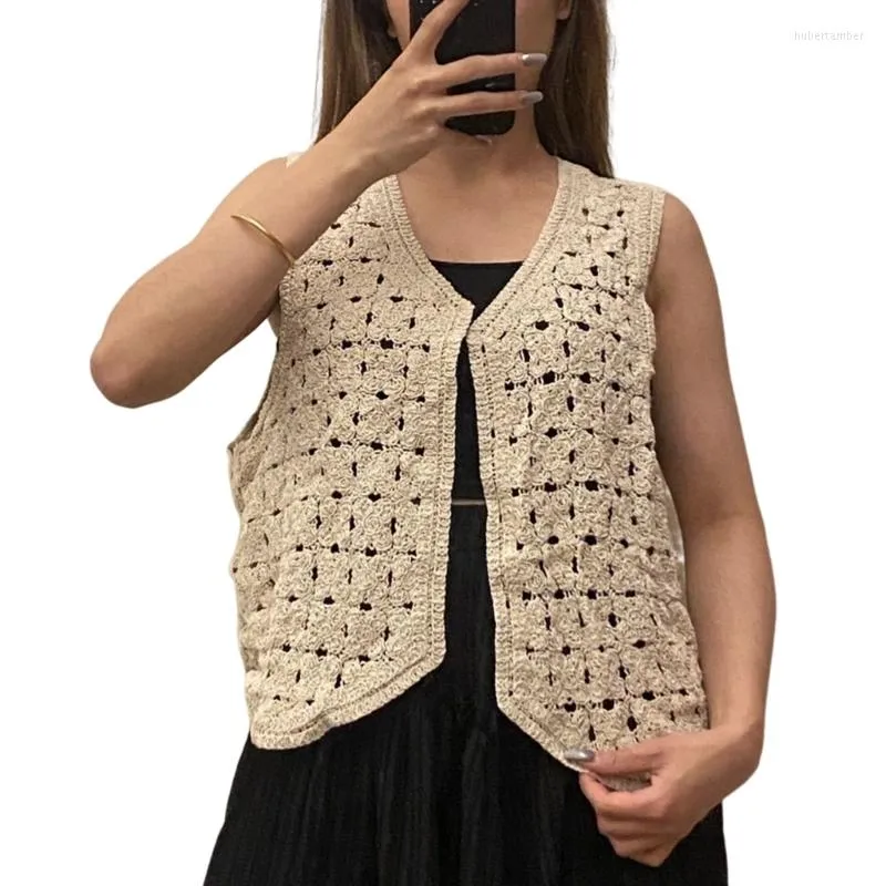 Gilets pour femmes femmes Vintage tricot Crochet gilet Cardigan sans manches ouvert avant recadrée Outwear 10CD