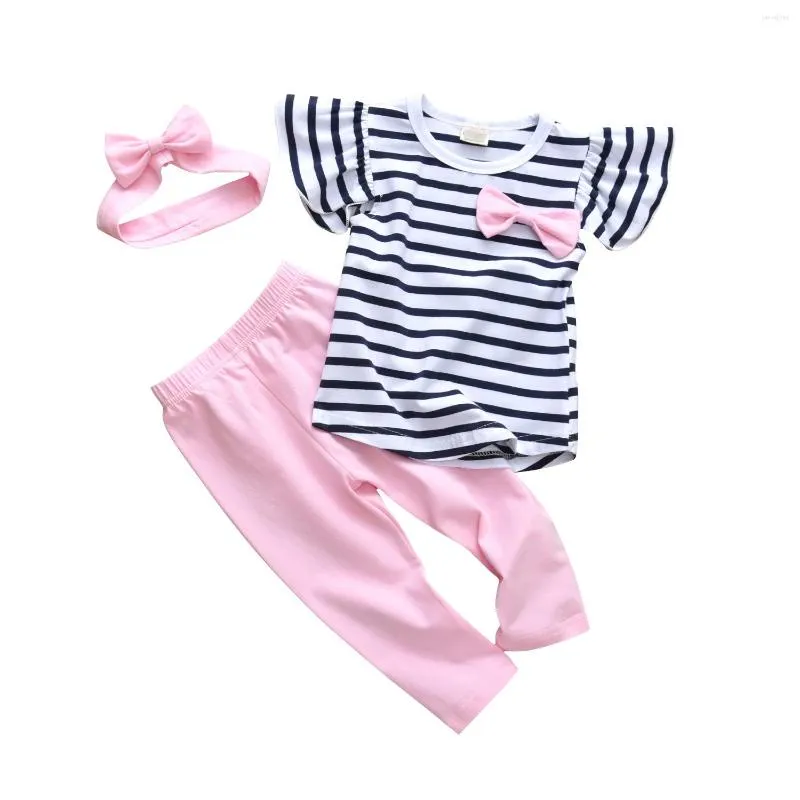 Ensembles de vêtements d'été bébé fille vêtements nés en bascule décontracté Stripe Bow Tops et pantalon rose bande 3 pcs tenues