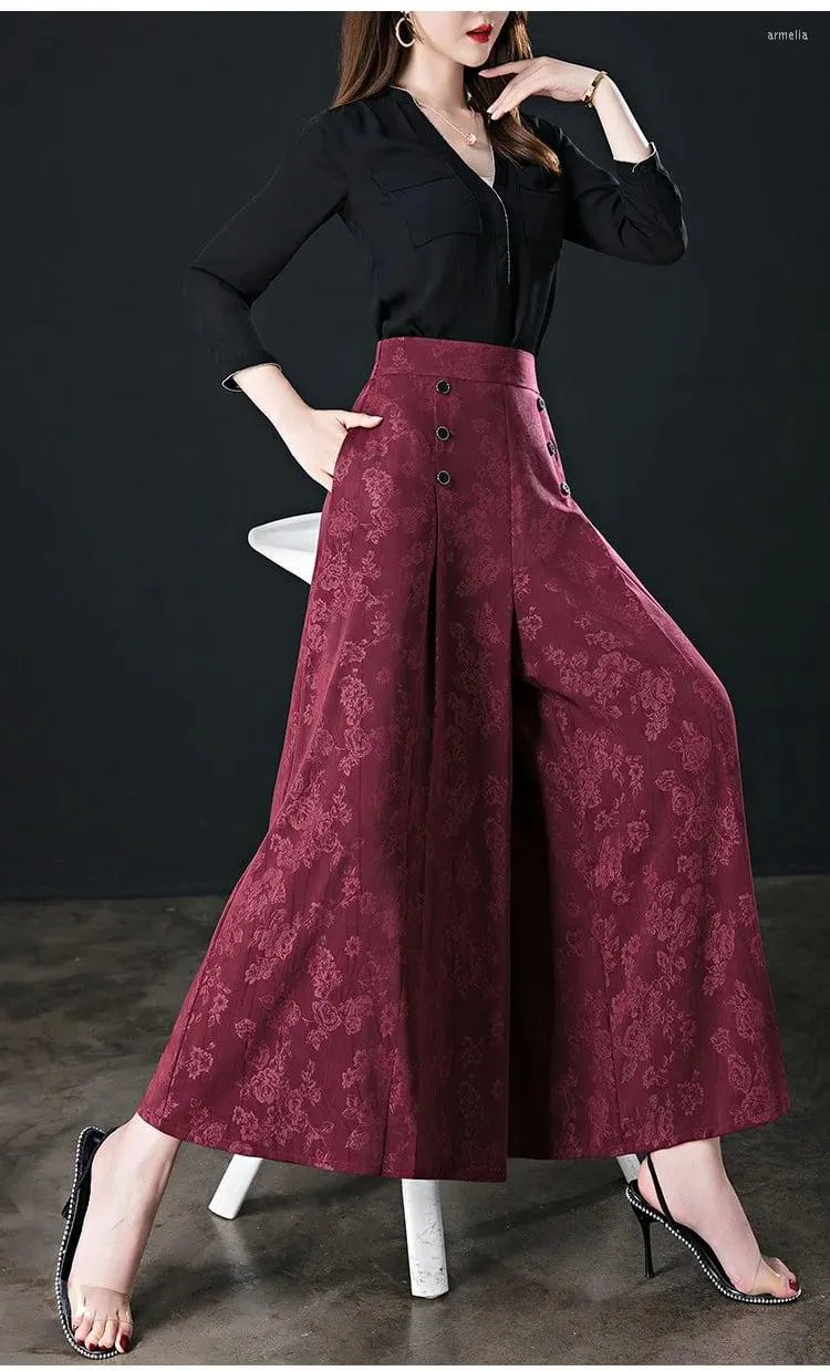 Active Pants Ice Silk Palazzo Summer Thin Vintage Elegant Printed Wide Leg Women Chic Button Spliced ​​Fashion Casual Croped Yoga