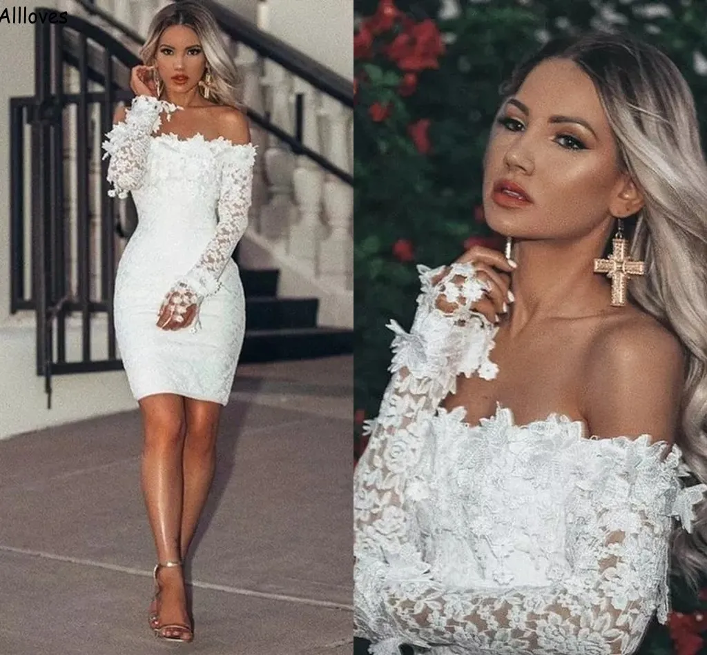 Beautiful Lace Off Shoulder Sheath Wedding Dresses Bateau Neck Above Knee Length Marriage Receptiion Gowns for Birde Long Sleeve Short Mini Robes de Mariee AL9058