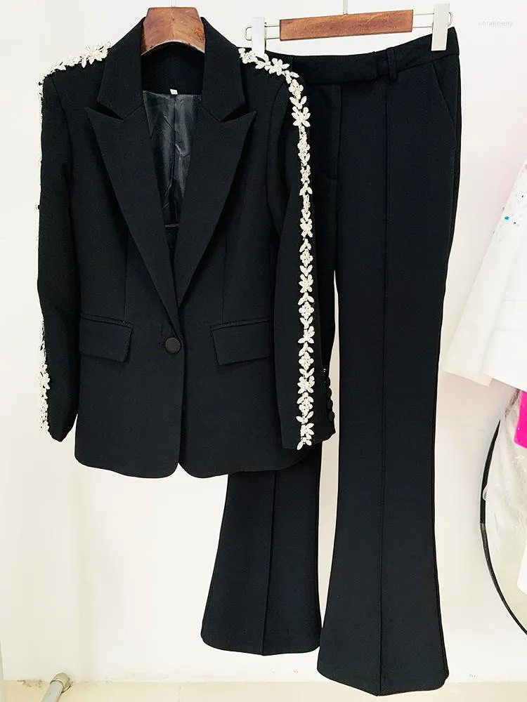 Pantaloni da donna a due pezzi, tailleur pantalone, blazer con strass, donna, nero, bianco, perline, diamanti, cristallo, fatti a mano, pezzi