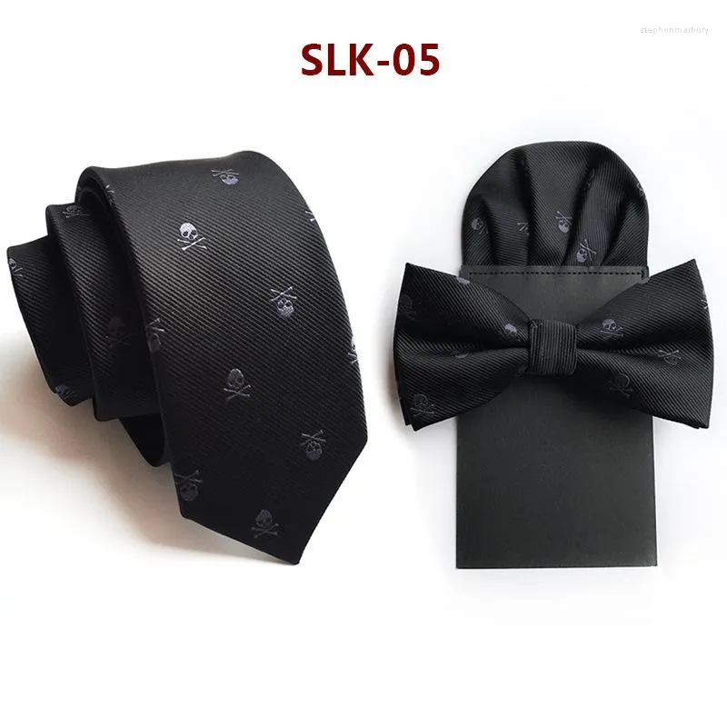 Bow Ties High Quality Silk Tie Hanky Bowtie Suit Men's Necktie Black Skull Pre-tied Pocket Square Handkerchief