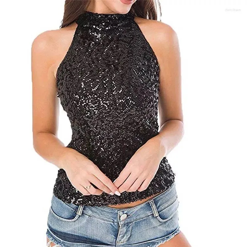 Women's Tanks Women's Sequins Halterneck Summer Short Vest Tank Tops Shimmer Flashy Embellished Sleeveless Sexy Top Clubwear Stage