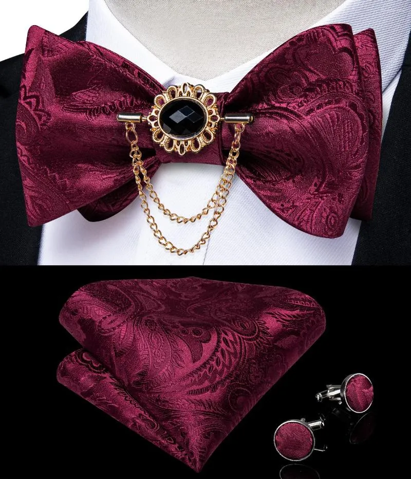 Bow Ties Luxury Rose Red Paisley Floral Men's Tie Self Silk Woven Wedding Party Men Butterfly Hanky ​​Brosch Pin Set Dibangu