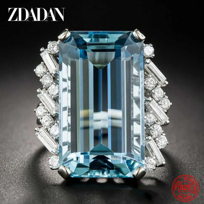 حلقات الفرقة Zdadan 925 Sterling Silver Charm Square Aquamarine Ring for Women Fashion Wedding Zircon Jewelry Gift J230517