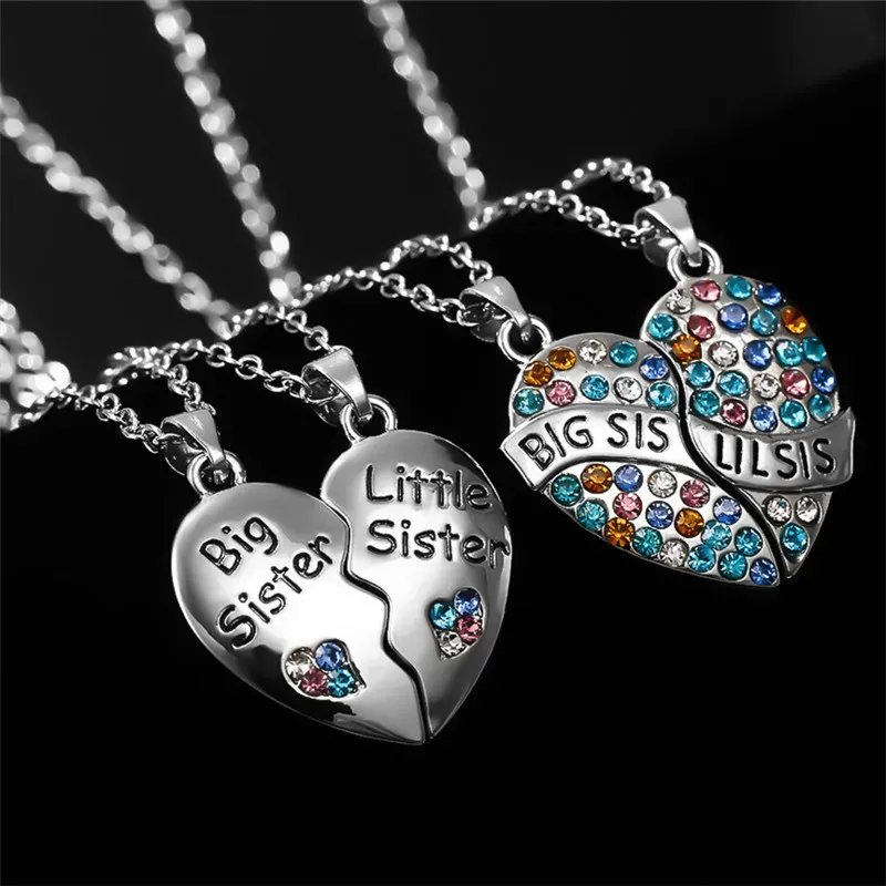 Big Little Sis Heart Necklace Set Silver Plated Rhinestone